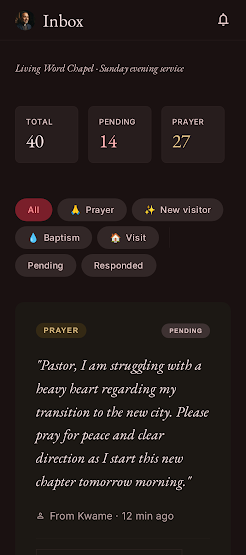 The pastor's Monday inbox — every prayer, visit and first-time visitor, answerable in two taps