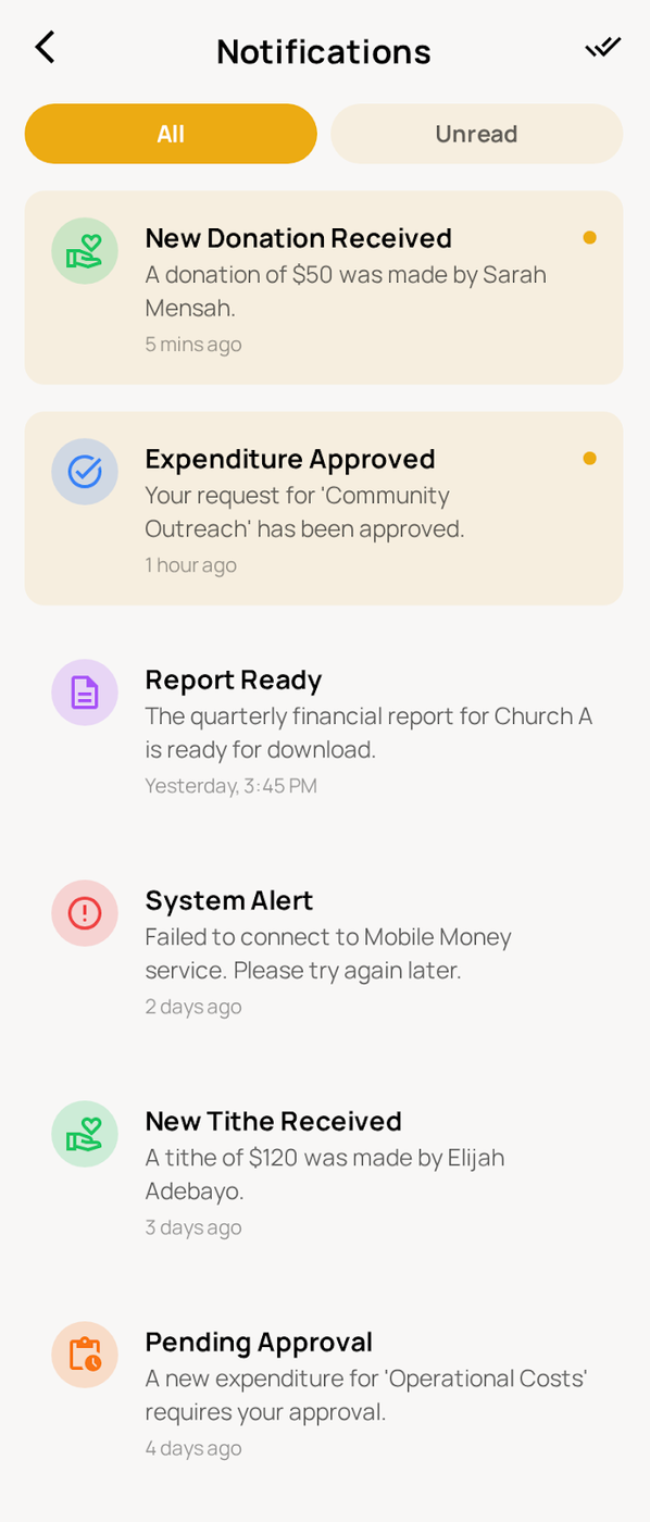 Mite notifications — new donation received, expenditure approved, report ready