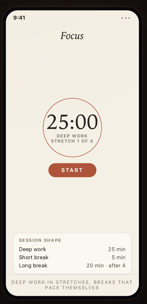 Ritmo Focus timer — 25:00, deep work, stretch 1 of 4