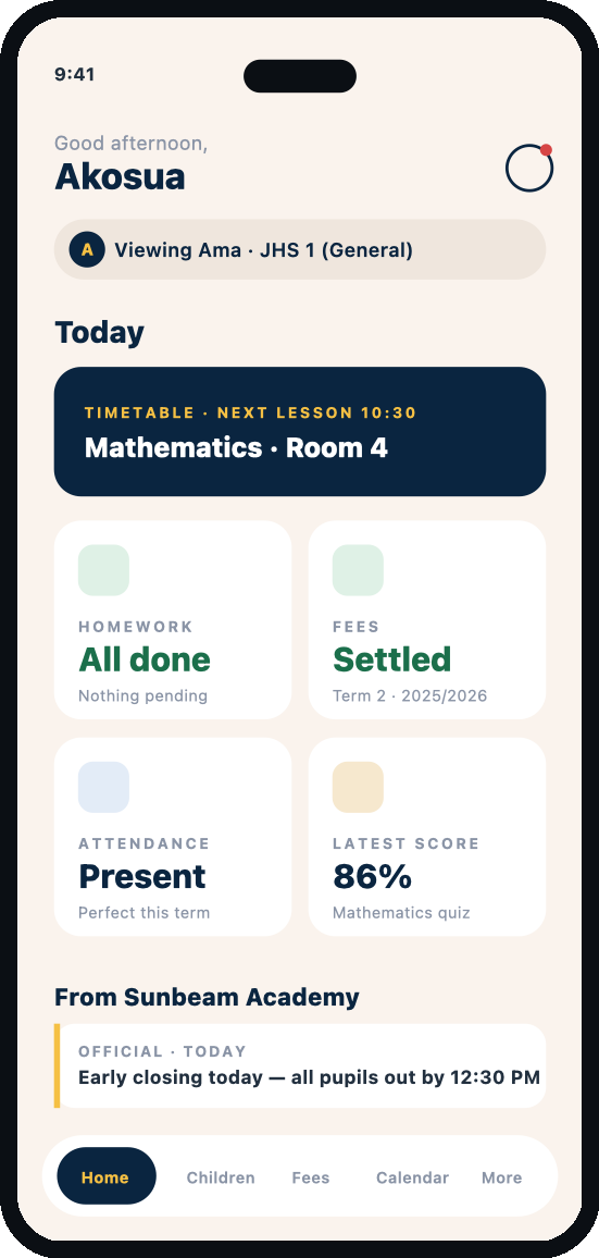 The parent app — a child's day: attendance, homework, fees, latest score, school announcements