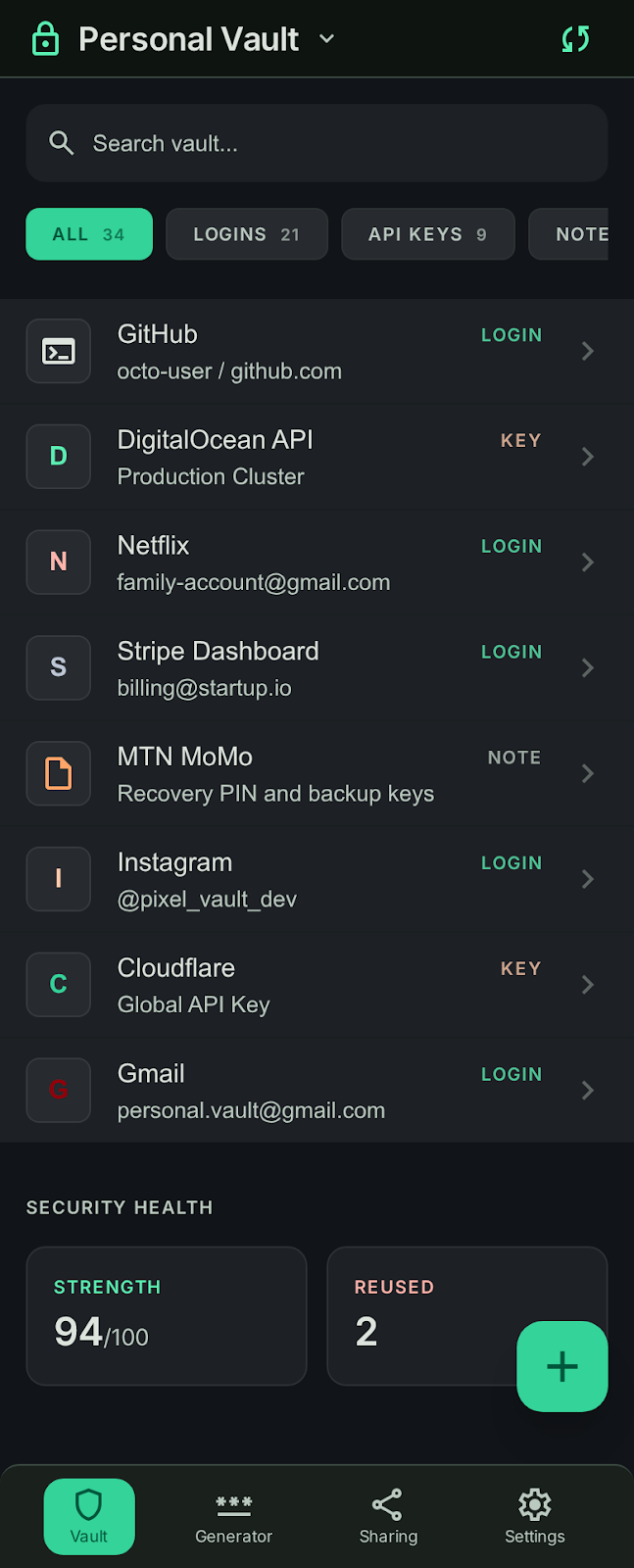 Vault's encrypted credential list with security health score