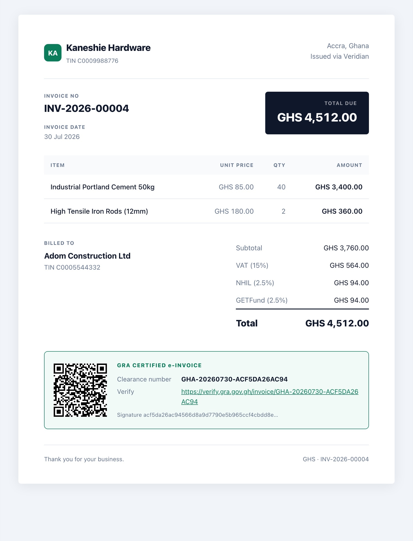 The printed Veridian invoice with letterhead, levies broken out, and a GRA verification panel with QR code